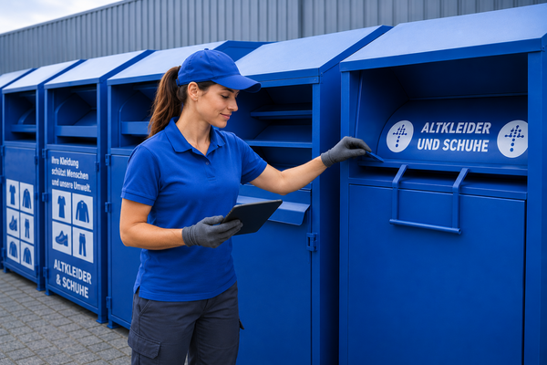 Mitarbeiterin kontrolliert blaue Altkleidercontainer mit Tablet