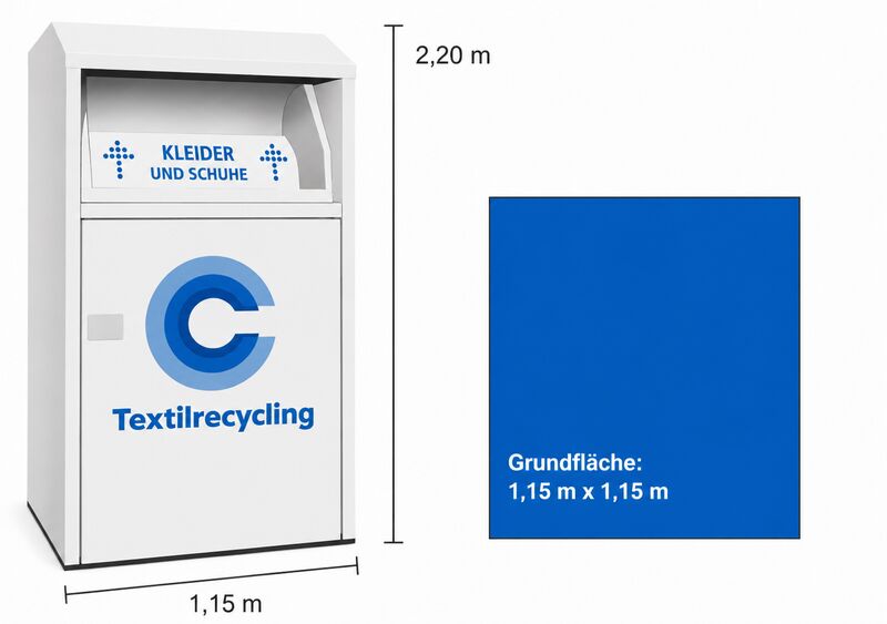 Grafik Abmessungen eines Altkleidercontainers mit Grundfläche und Höhe