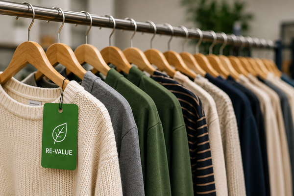 Hochwertige Second-Hand-Kleidung auf Kleiderbügeln mit Re-Value-Etikett