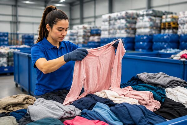 Mitarbeiterin sortiert Kleidung in einer modernen Textilrecyclinghalle