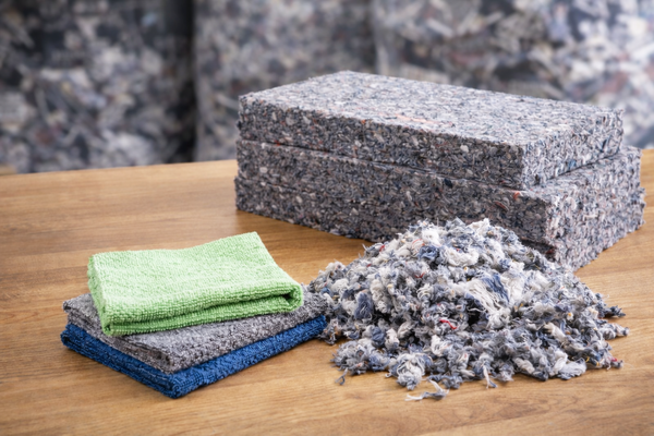 Wiederverwertete Textilfasern und Reinigungstücher auf Holztisch