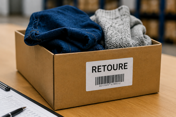 Retourenbox mit Kleidung für nachhaltige Wiederverwertung und Textilrecycling
