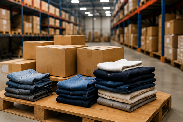Gefaltete Kleidung und Kartons in einem Lager für Restposten