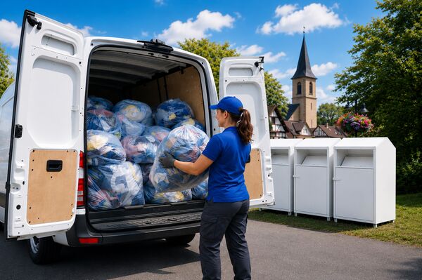 Transporter wird mit gesammelten Altkleidern beladen